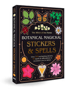 Botanical Magickal Stickers & Spells book with a black cover decorated with colorful botanical illustrations including a butterfly, clover, flowers, and a potion bottle, shown at a three-quarter angle on a white background.