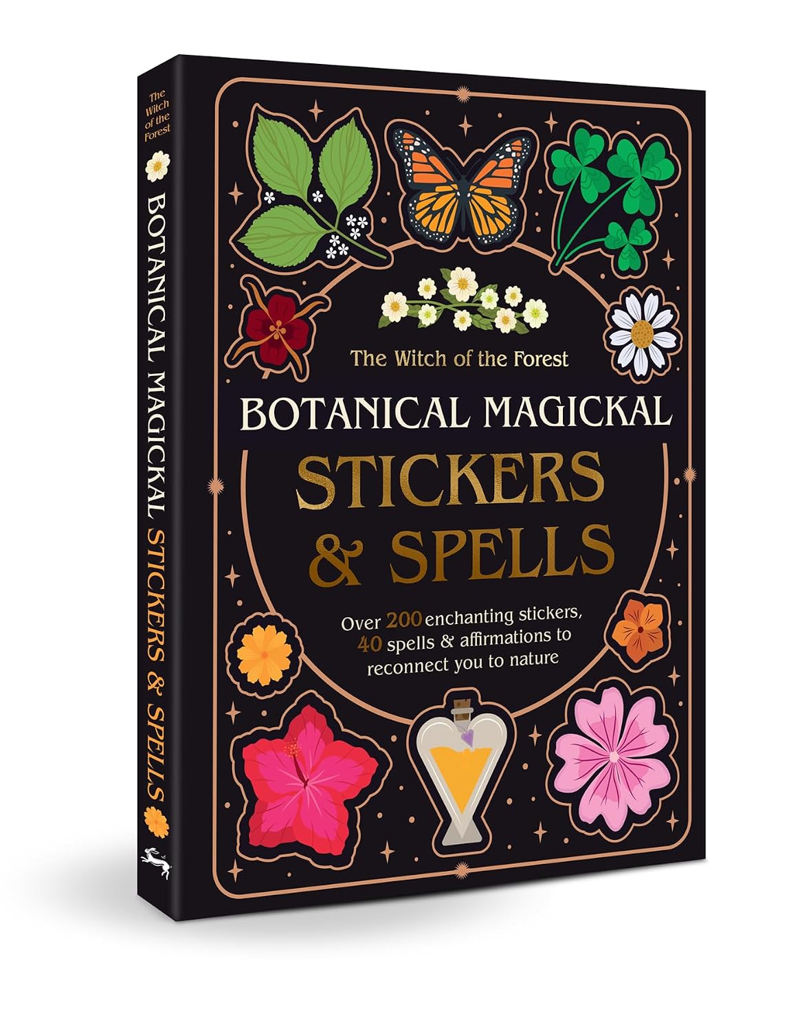 Botanical Magickal Stickers & Spells book with a black cover decorated with colorful botanical illustrations including a butterfly, clover, flowers, and a potion bottle, shown at a three-quarter angle on a white background.