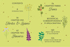 A flat book-cover style layout on a pale yellow-green background with black text outlining the contents of a book titled "The Witch of the Forest." Decorative botanical illustrations in yellow, red, purple, green, and white are scattered around the cover.