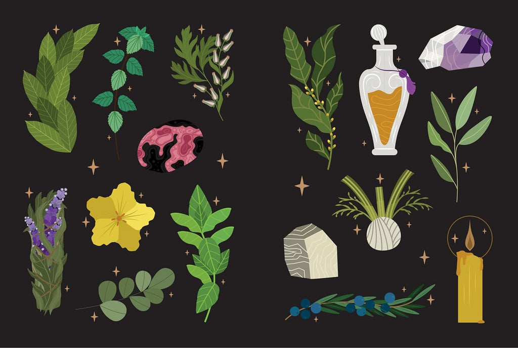 A flat illustration set featuring botanical elements and mystical symbols, including green leaves, a yellow flower, crystals, a potion bottle, a candle, and small stars, arranged on a dark background.