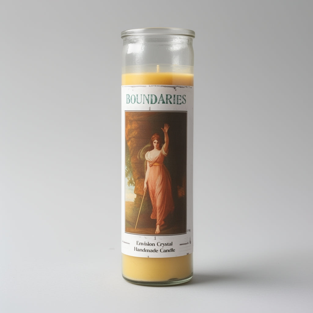 Candle with a label titled 'Boundaries' on a gray background