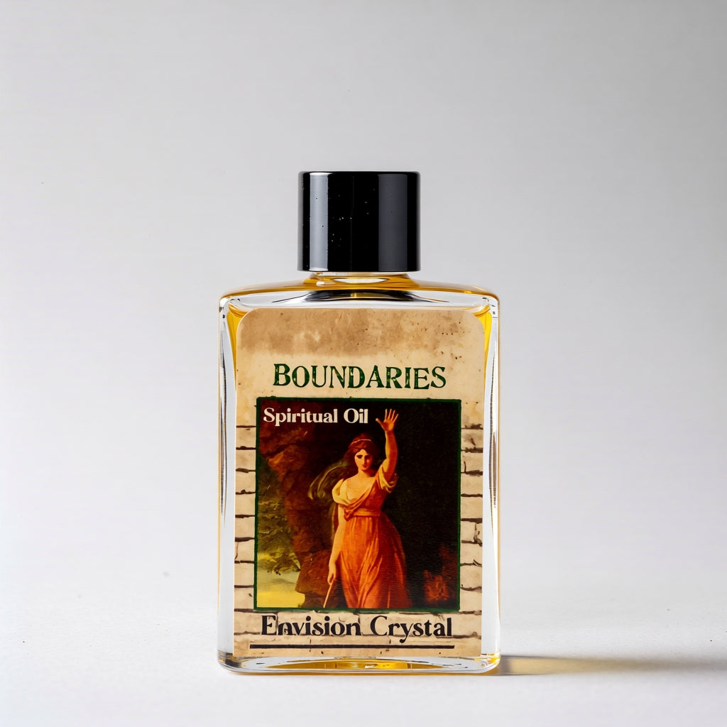 Bottle of 'Boundaries' spiritual oil with a label featuring an image of a woman and text on a white background.