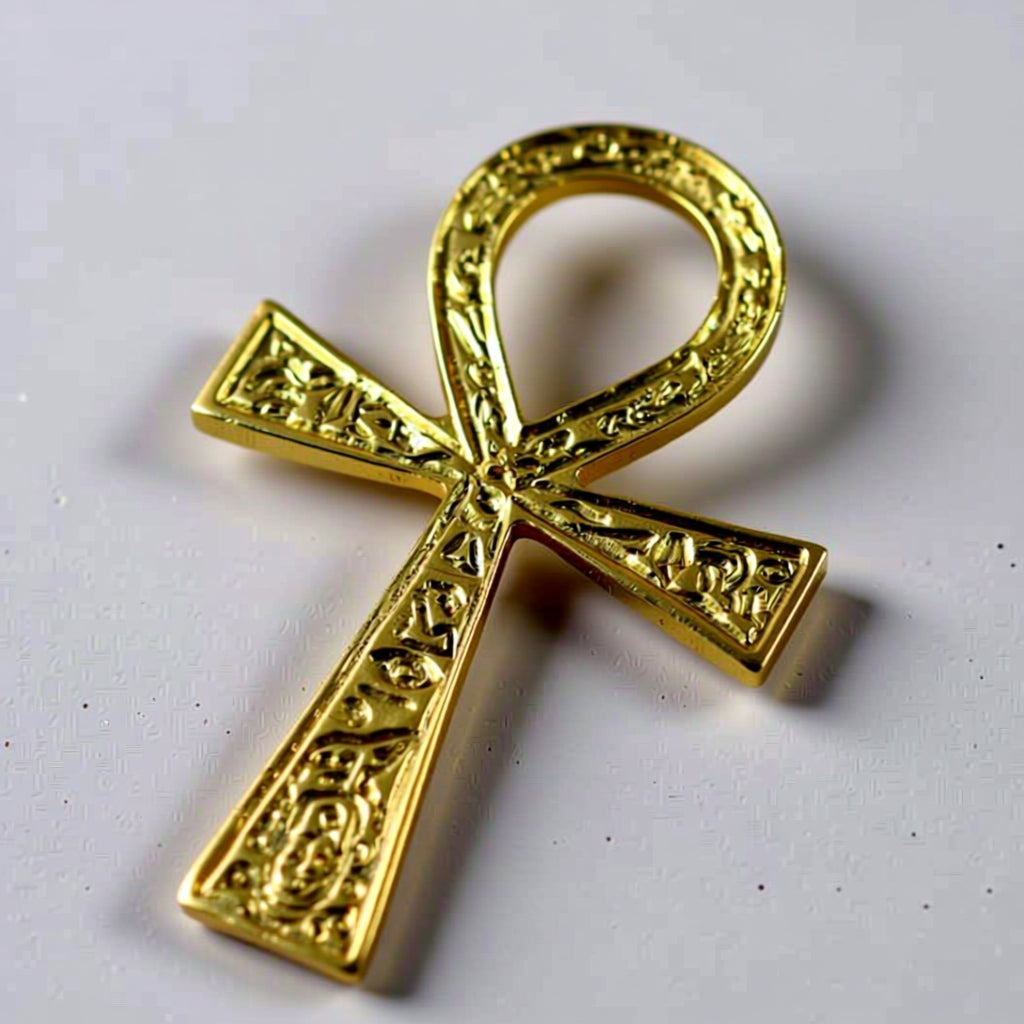 Brass ankh symbol on a light gray background