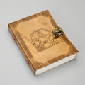 Leather-bound book with pentagram design and lock on a gray background