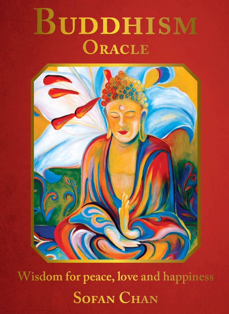 Book cover of 'Buddhism Oracle' with a colorful depiction of Buddha on a red background