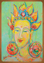 Colorful painting of a stylized face with decorative headpiece and earrings on a green background.