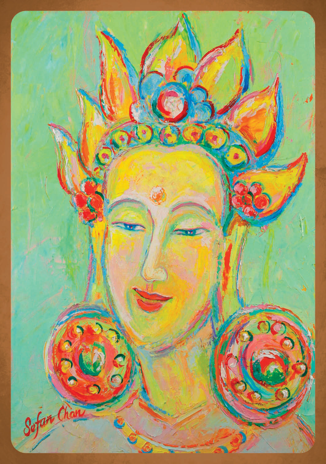 Colorful painting of a stylized face with decorative headpiece and earrings on a green background.