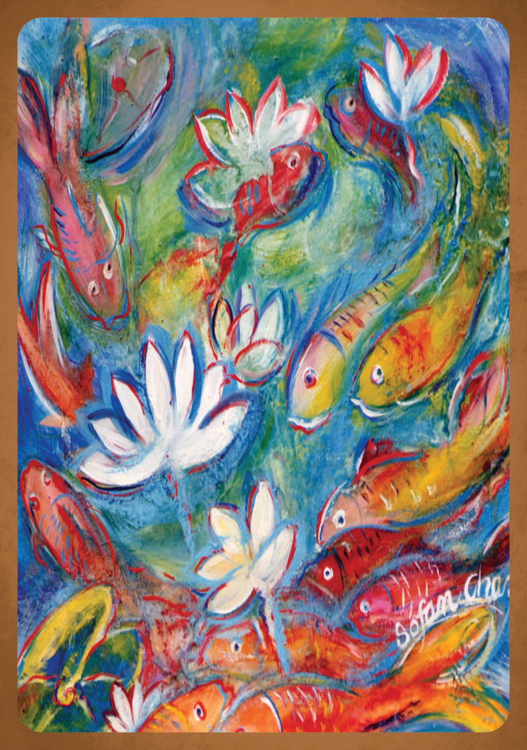 Colorful painting of fish and lotus flowers in a tropical setting