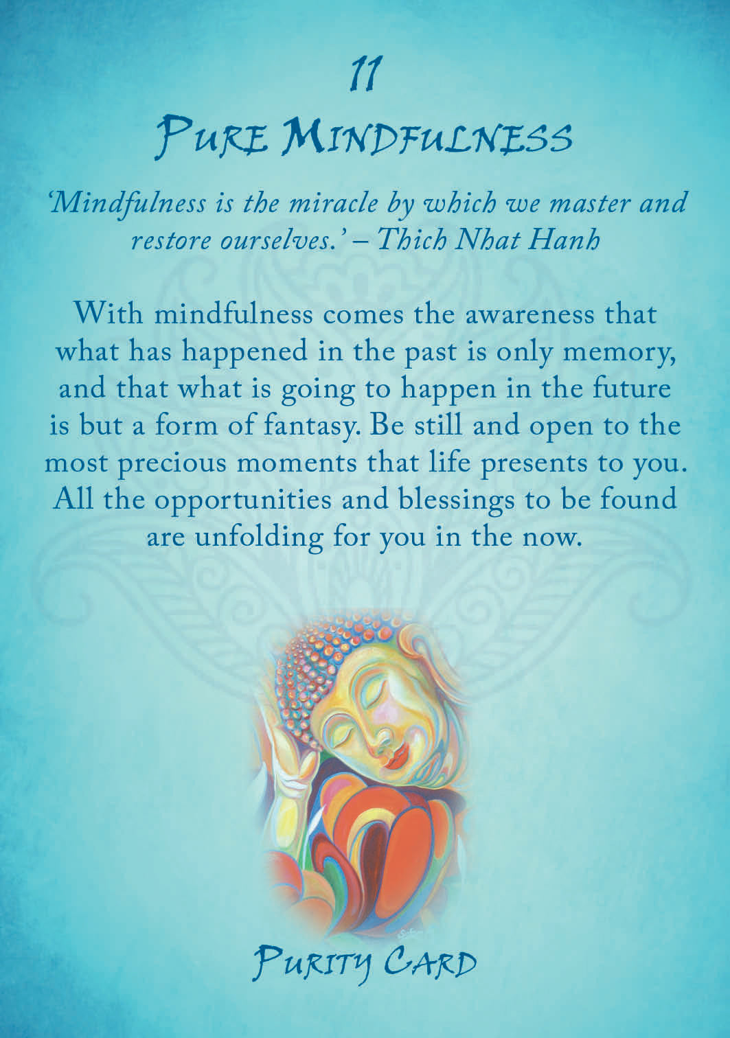 Colorful Buddha illustration with mindfulness quote on a gradient background