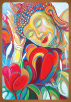 Colorful abstract painting of a Buddha-like figure with flowers