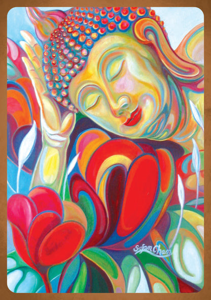 Colorful abstract painting of a Buddha-like figure with flowers