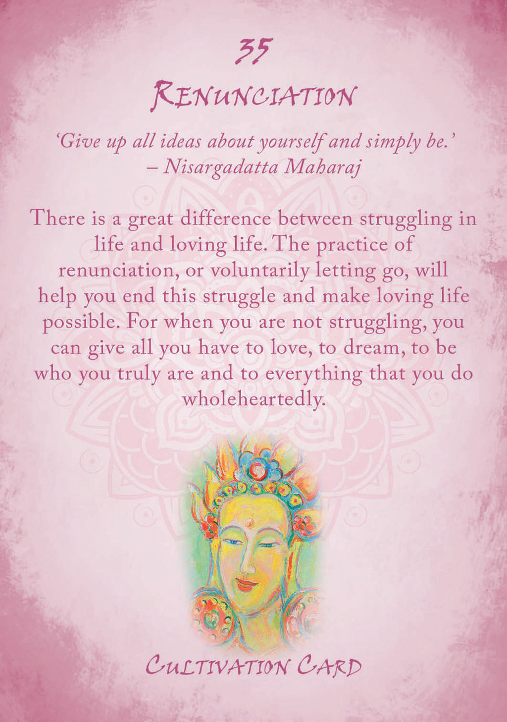 Card with a colorful illustration of a woman's face and text about renunciation on a pink background.