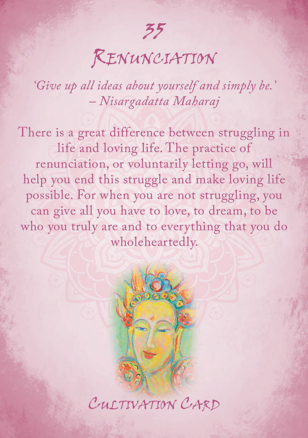 Card with a colorful illustration of a woman's face and text about renunciation on a pink background.