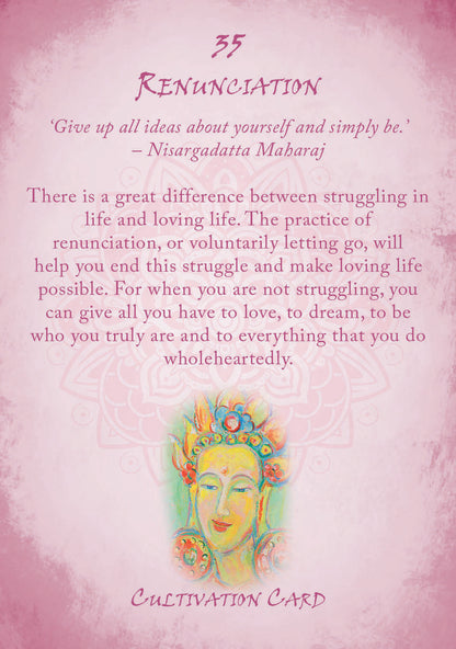 Card with a colorful illustration of a woman's face and text about renunciation on a pink background.