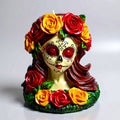 Decorative Day of the Dead  candle holder with colorful roses on a white background