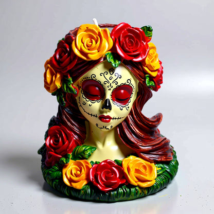 Decorative Day of the Dead  candle holder with colorful roses on a white background