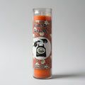Candle with a decorative label featuring a vintage phone design on a gray background