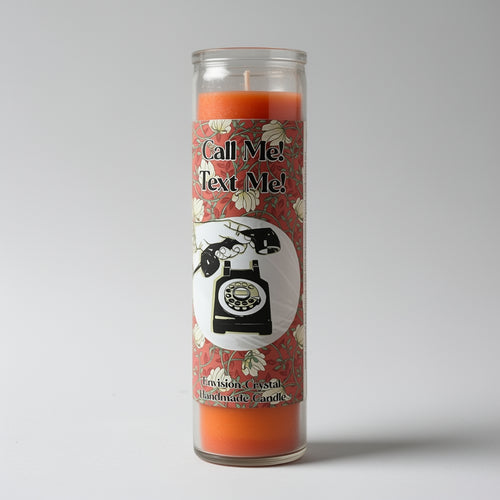 Candle with a decorative label featuring a vintage phone design on a gray background