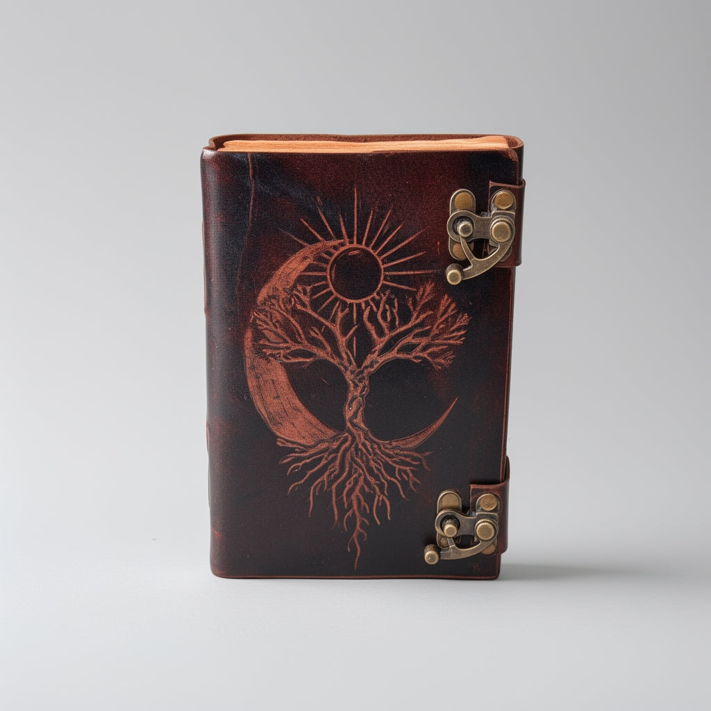 Brown leather notebook with tree of life design and gold latches on a gray background