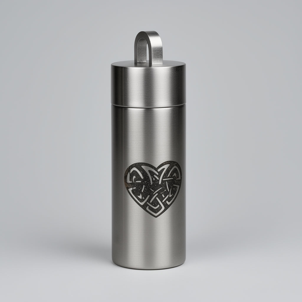 Stainless steel bottle with Celtic heart design on a gray background