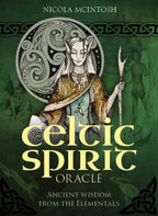 Book cover of 'Celtic Spirit Oracle' with a green background and illustrations of a woman and symbols.