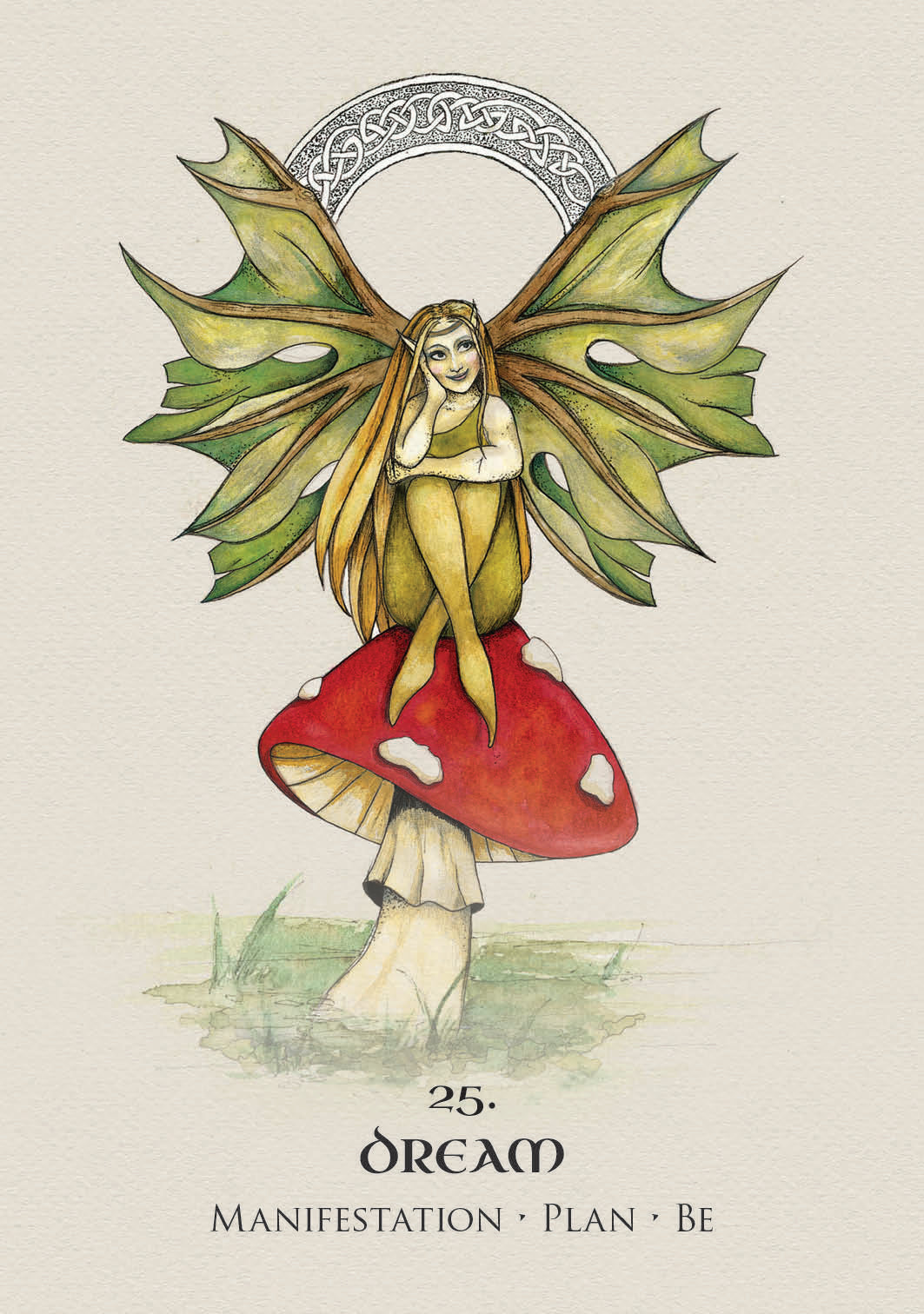 Illustration of a fairy with green wings and red mushroom on a beige background