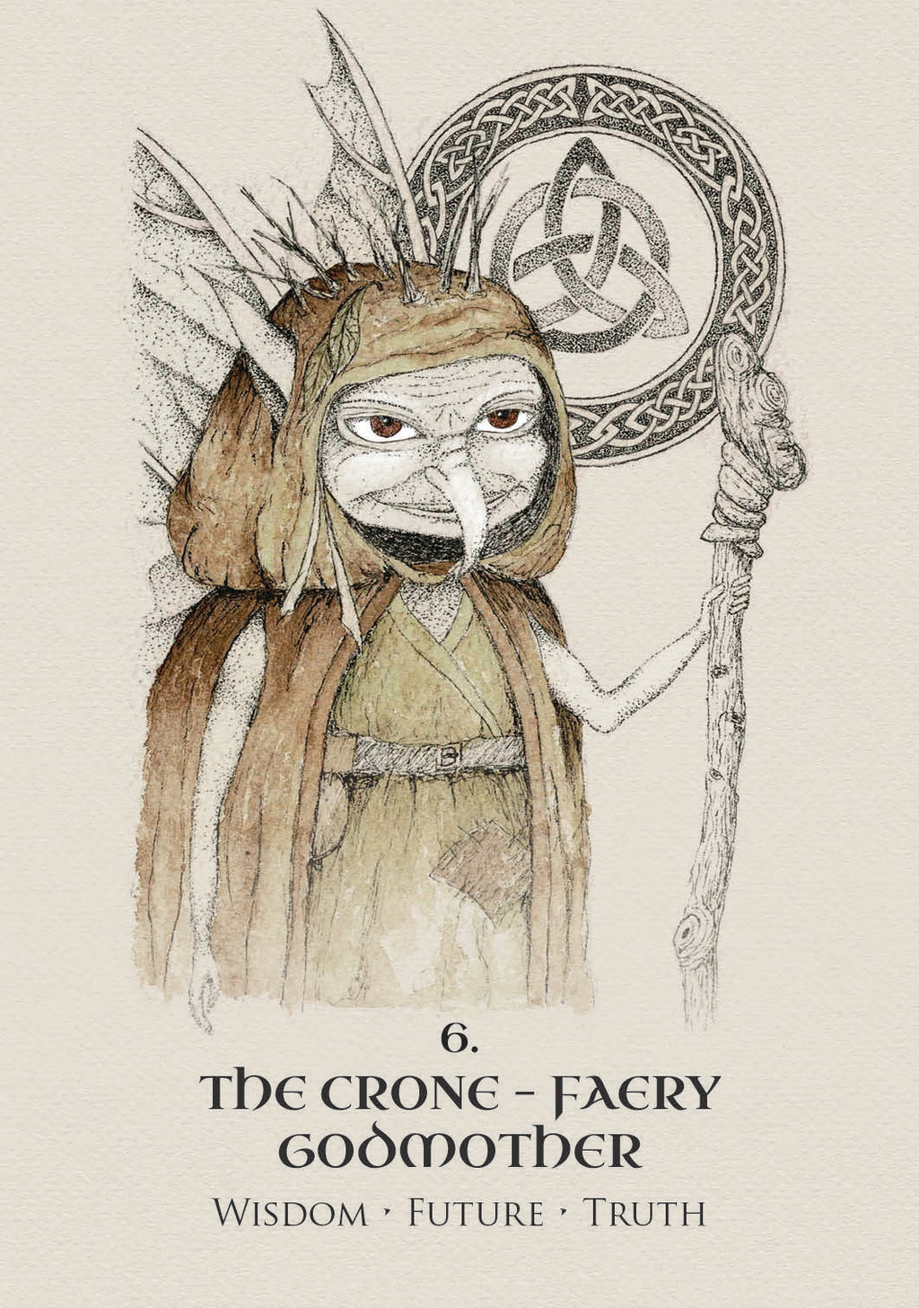 Illustration of a crone with a staff and headdress, labeled 'The Crone - Faery Godmother' on a beige background.