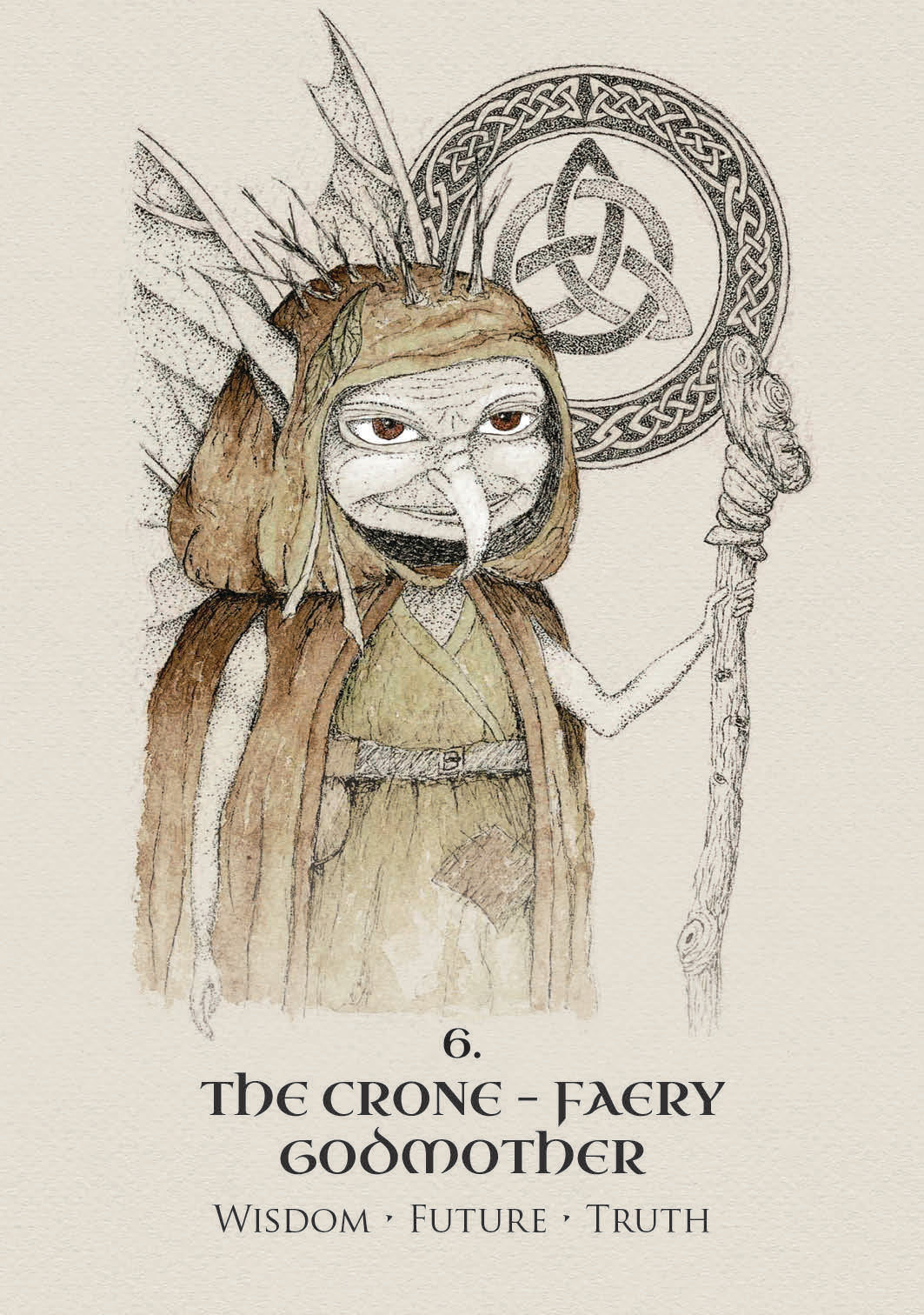 Illustration of a crone with a staff and headdress, labeled 'The Crone - Faery Godmother' on a beige background.