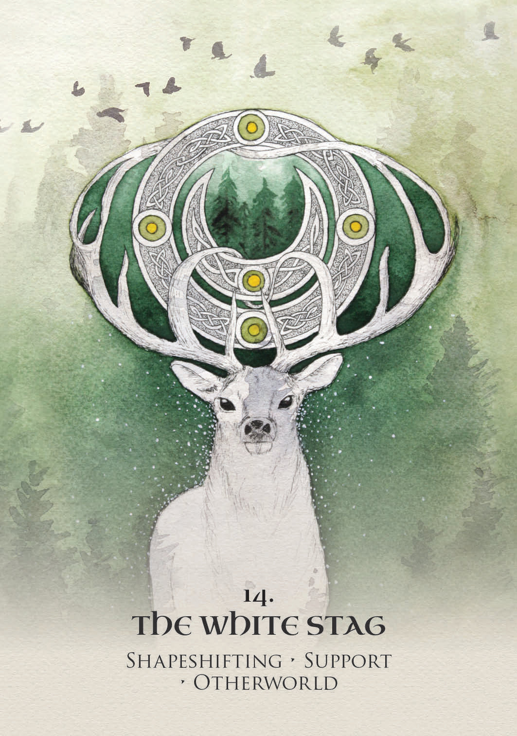 White deer with green antlers against a green background