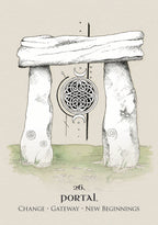 Stone portal with Celtic knot design on a beige background, labeled 'Portal' with themes of change, gateway, and new beginnings.