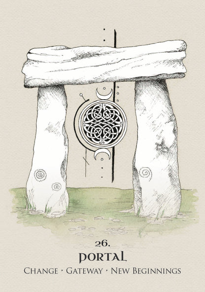 Stone portal with Celtic knot design on a beige background, labeled 'Portal' with themes of change, gateway, and new beginnings.