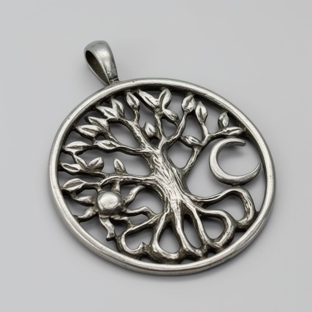 Silver tree of life pendant on a gray background