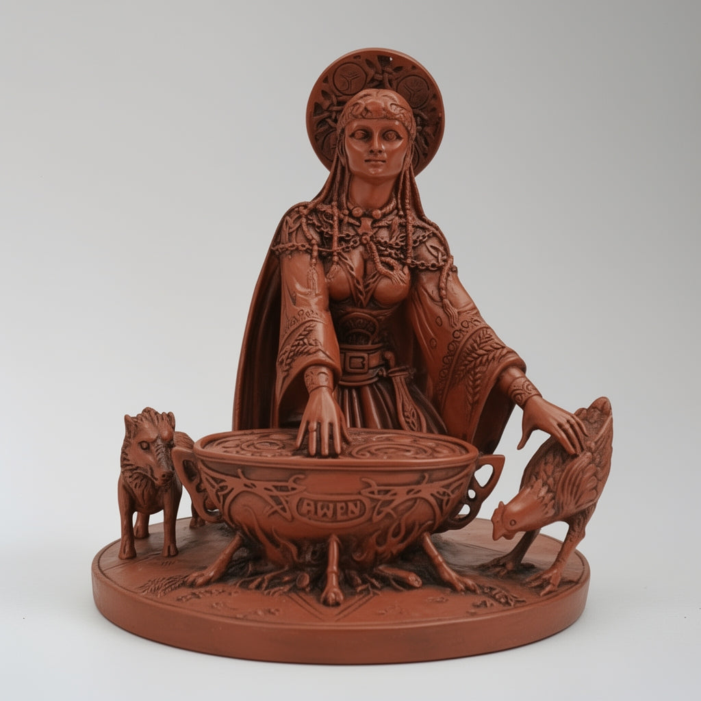 Terracotta-colored figurine of a woman with animals on a white background