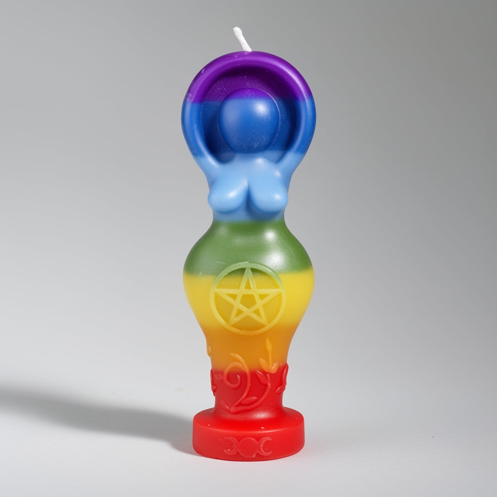 Colorful candle with a pentagram design on a gray background