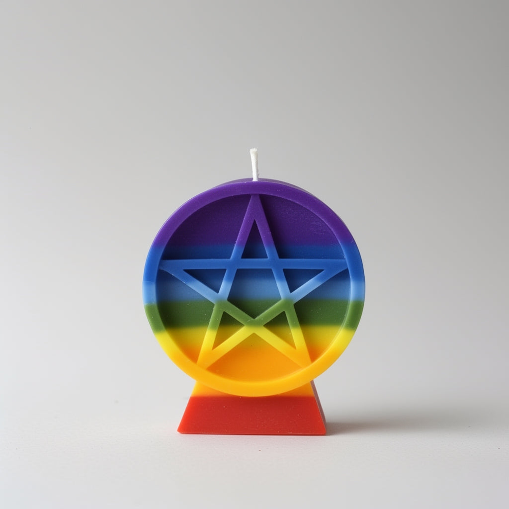 Colorful candle with a pentagram design on a gray background