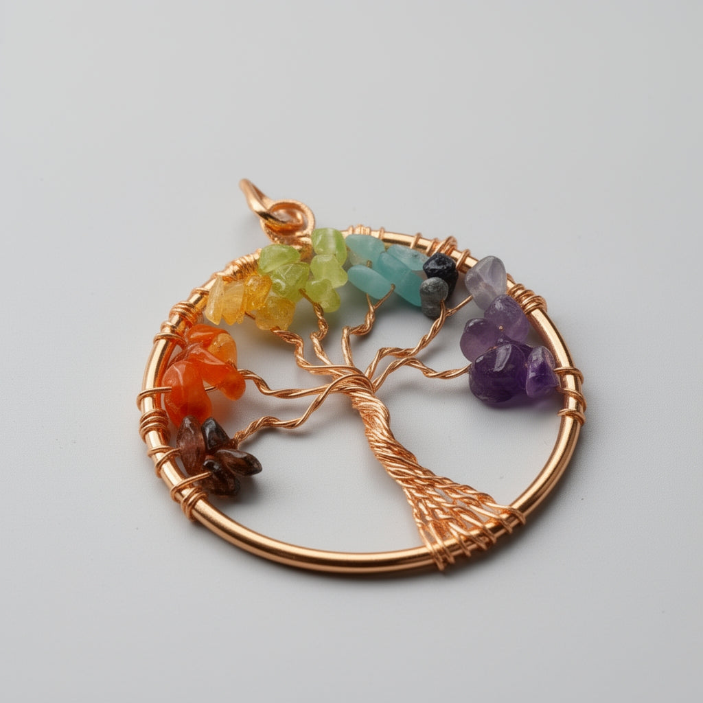 Tree-shaped pendant with colorful stones on a gray background