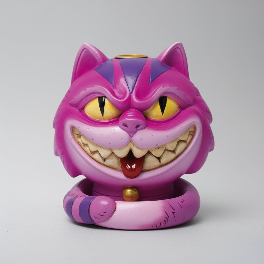 Pink cat-shaped container with yellow eyes and a wide smile on a gray background