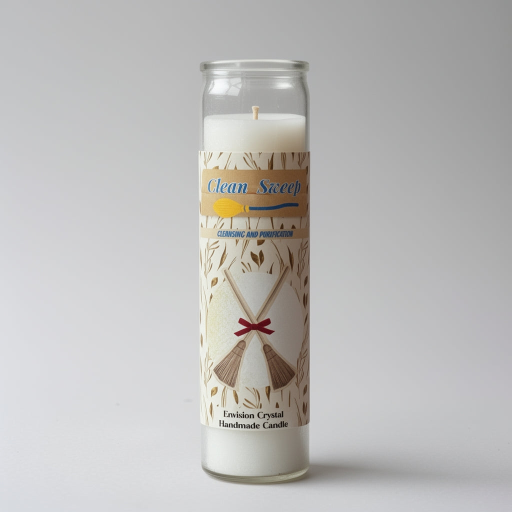 Candle with 'Clean Sweep' design on a gray background