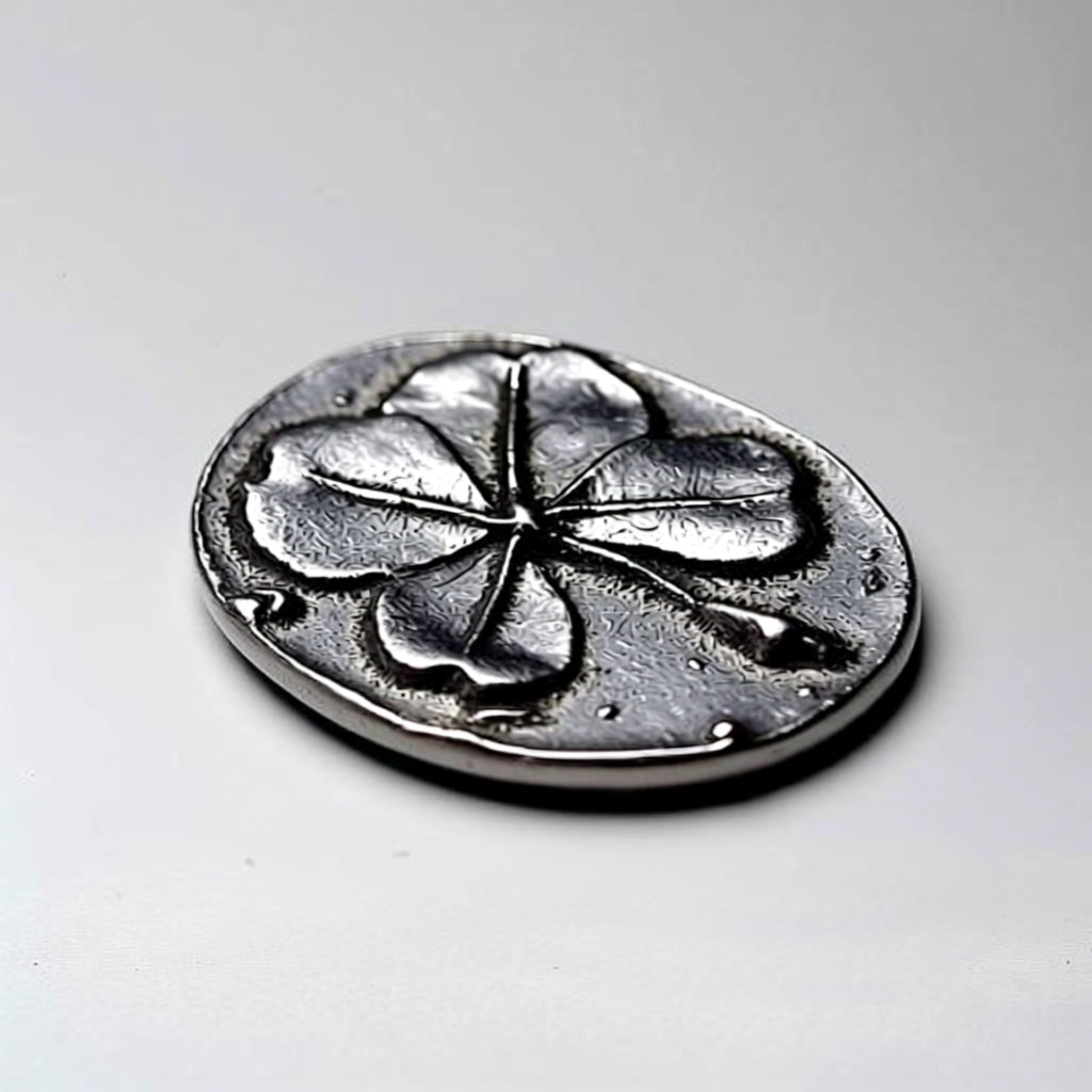 Silver decorative object with leaf design on a light gray background