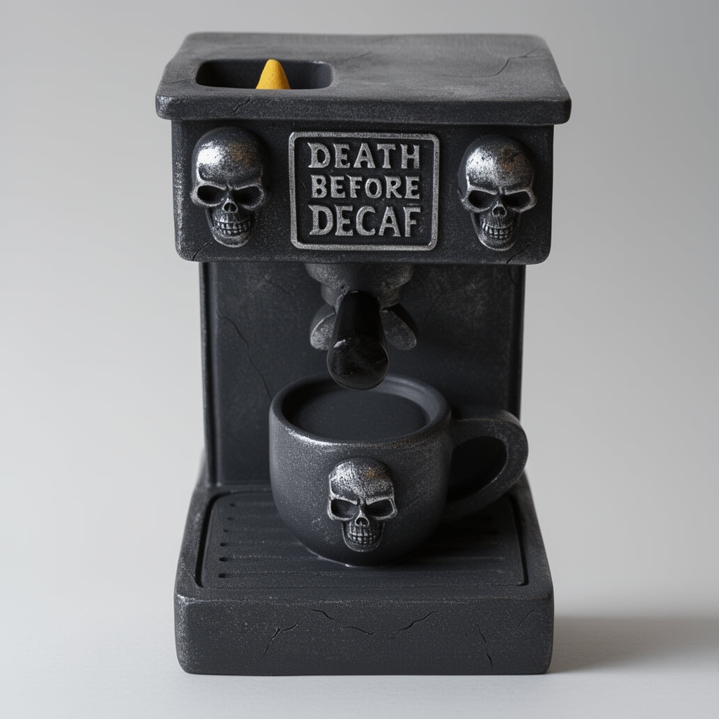Black coffee machine shaped incense burner with skull designs and 'Death Before Decaf' text on a gray background
