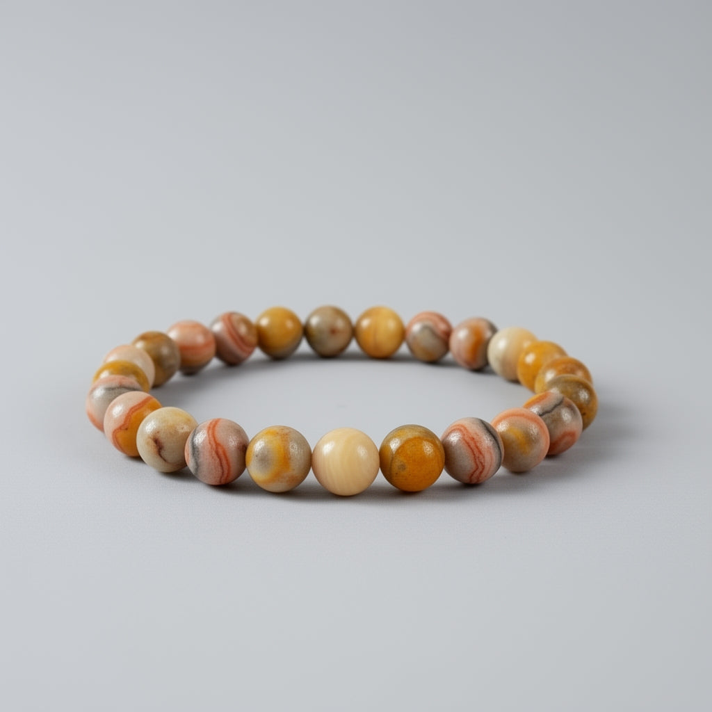 Beaded bracelet with multicolored stones on a light gray background