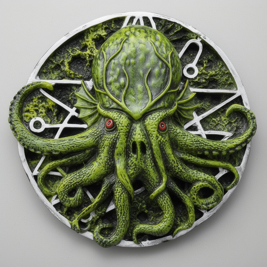 Green octopus-like creature with red eyes on a circular emblem with clock hands.