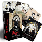 Samhain Oracle card set with illustrations of witches and nature elements on a white background.