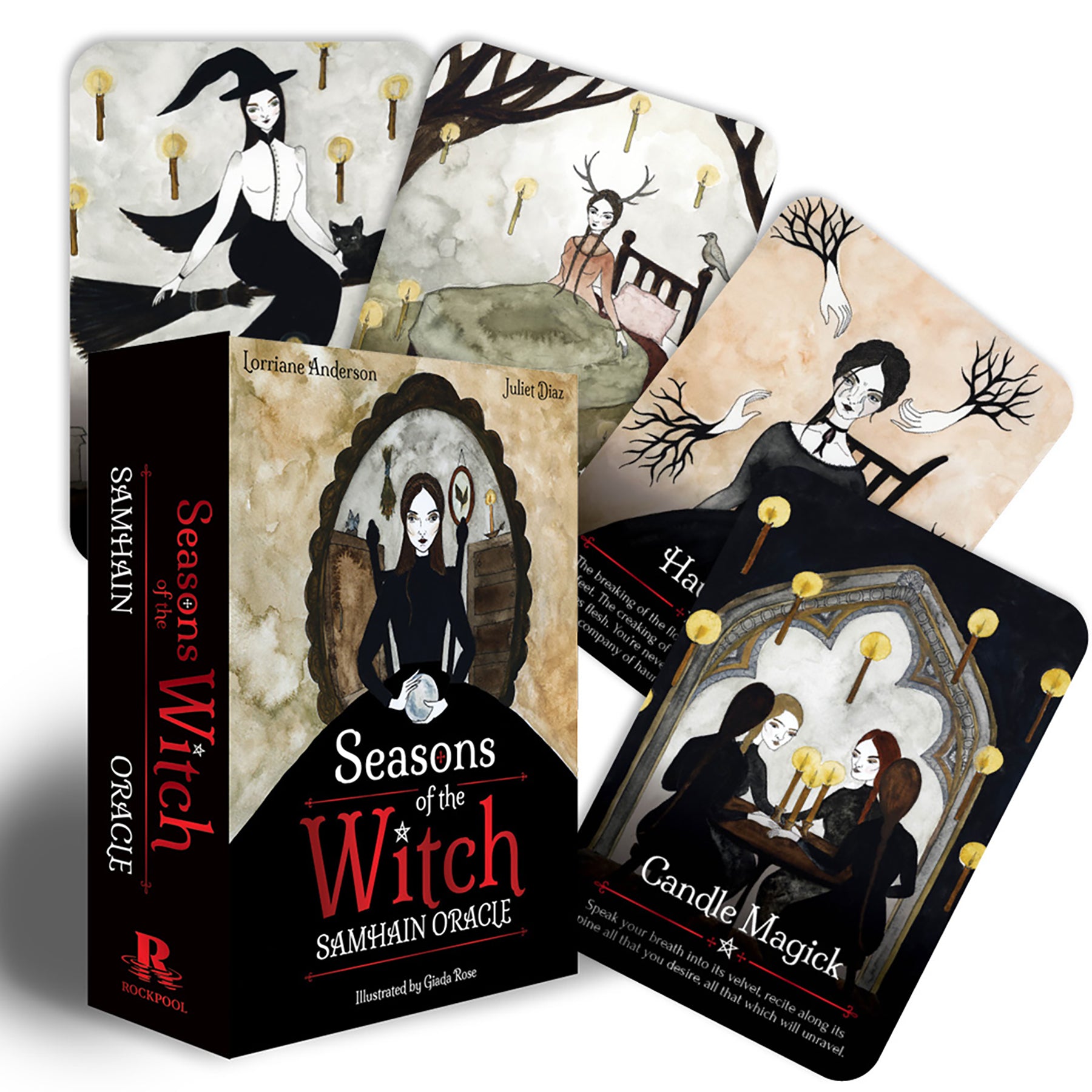 Samhain Oracle card set with illustrations of witches and nature elements on a white background.