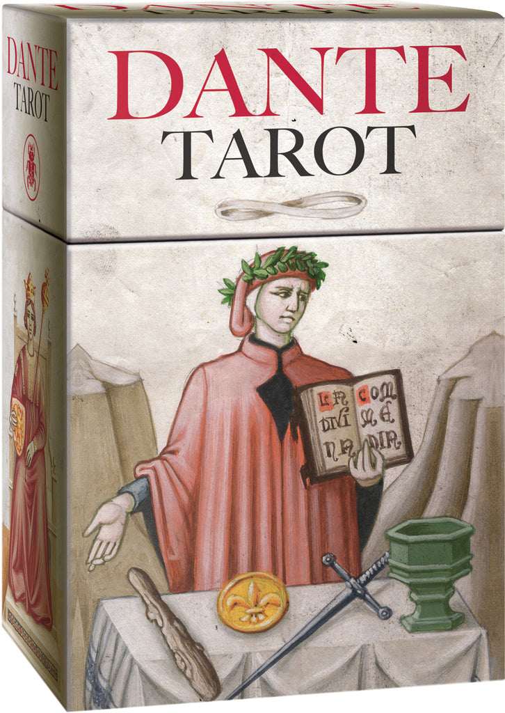 Dante Tarot card box with illustration of a figure holding a book and tarot cards.