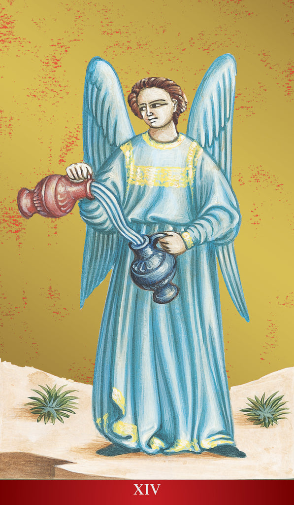 Angel with a lamp on a desert landscape, with 'XIV' at the bottom.