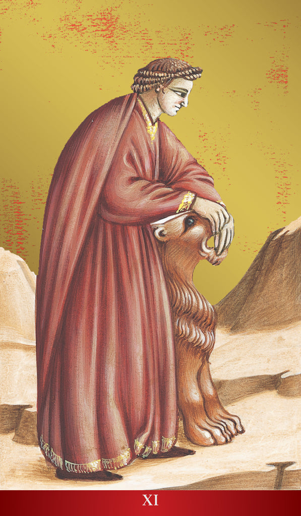 Illustration of a person in a long robe interacting with a lion, on a yellow background.
