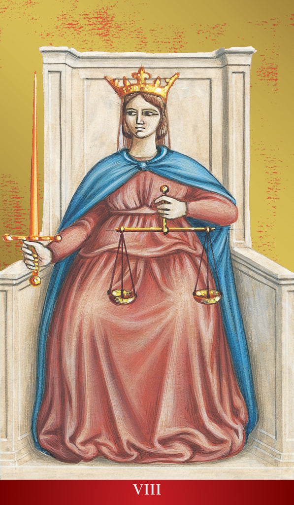 Tarot card featuring a figure holding scales and a candle, with 'VIII' at the bottom.