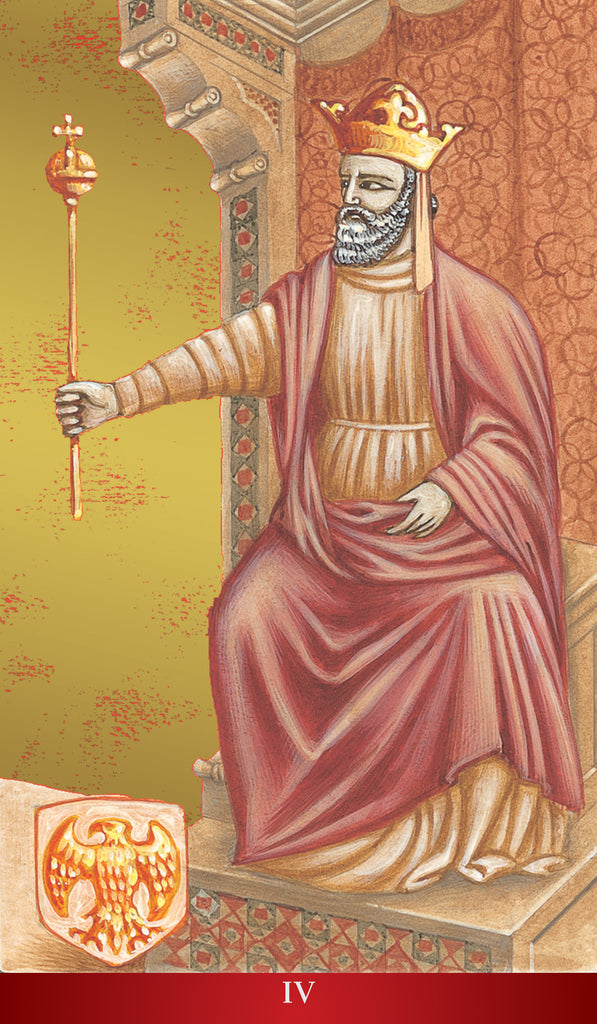 A stylized medieval illustration of a seated crowned figure in a red robe and gold crown, holding a scepter, with a red banner at the bottom bearing the Roman numeral IV.