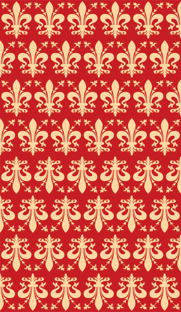 A repeating damask-style pattern with pale yellow ornamental motifs on a bright red background.